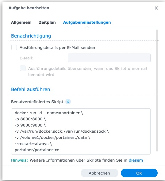 Installation von Portainer auf einem Synology NAS über den Aufgabenplaner